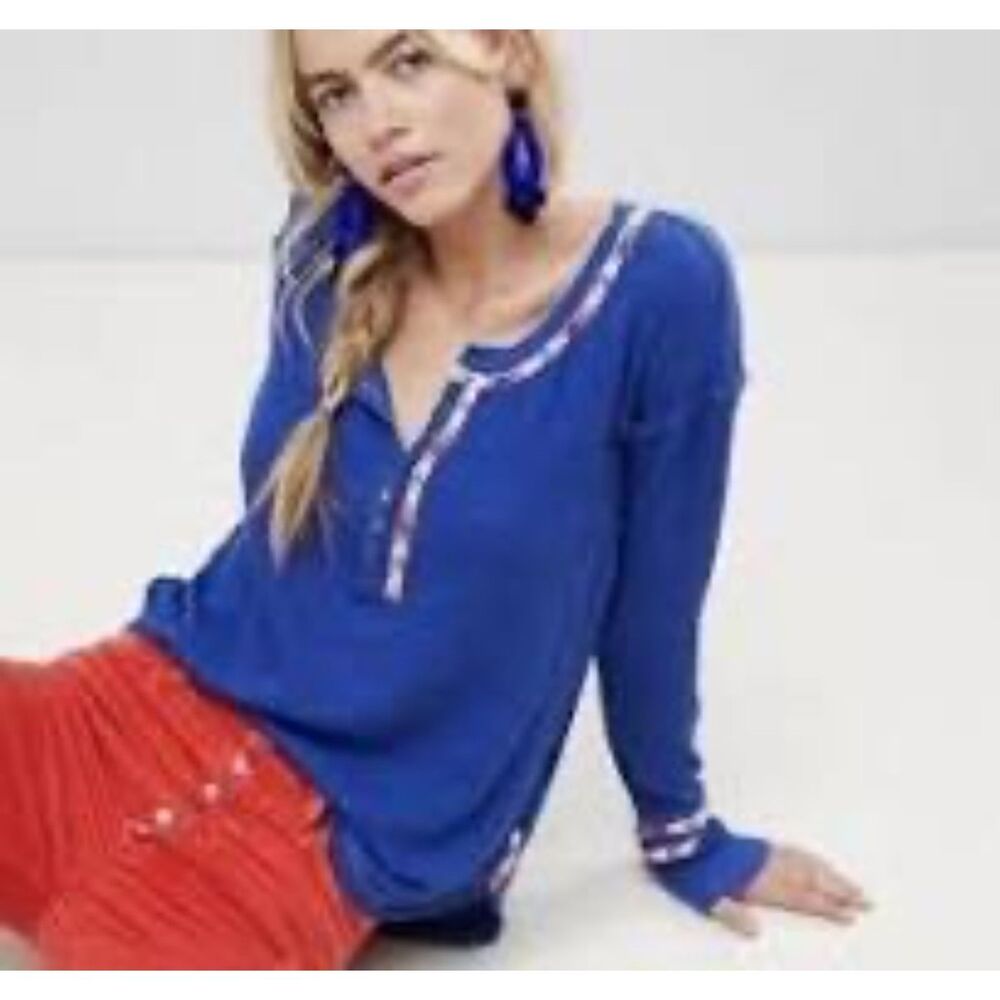 Free People We the Free Blue Rainbow Thermal Henley Small Round Hem